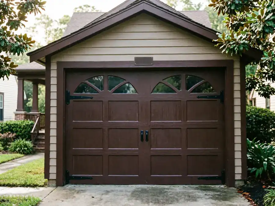 A brown garage door with decorative windows and hardware is on a detached garage.