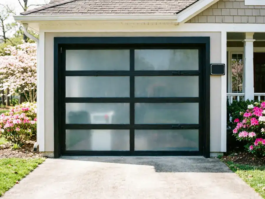 A modern black garage door with frosted glass panels on a house.