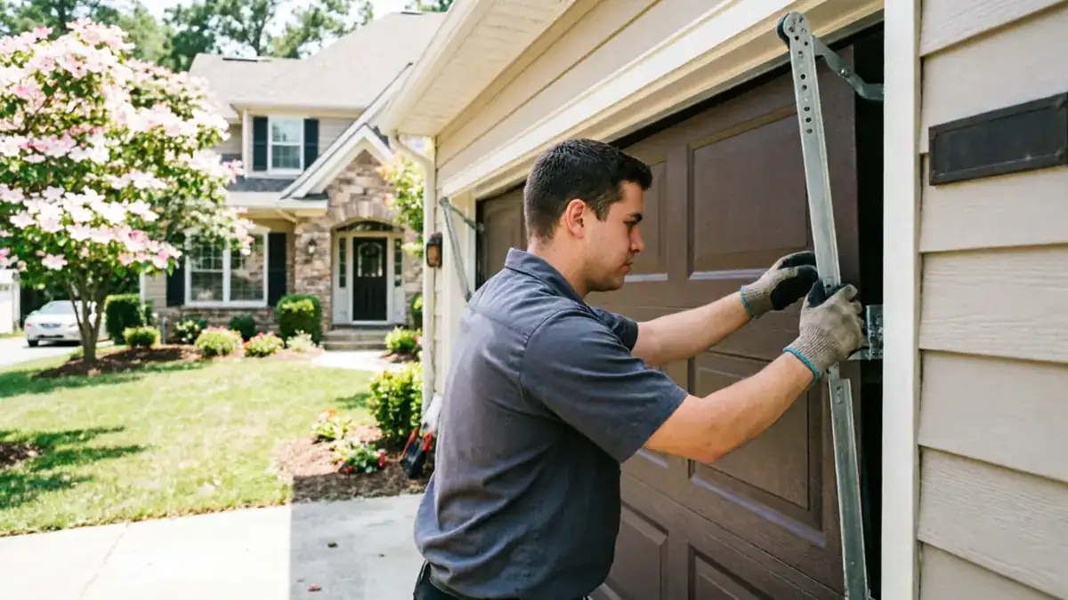 A technician in gloves is adjusting a brown garage door.