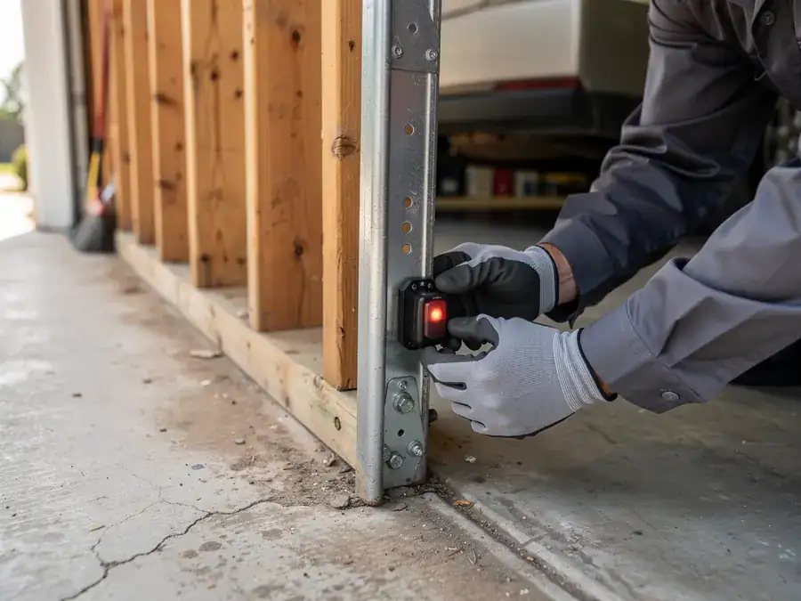 A technician in gloves adjusts a garage door safety sensor with a red light.