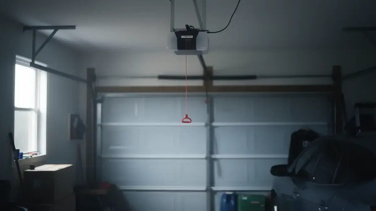 A garage door opener hangs from the ceiling with a red emergency release cord.